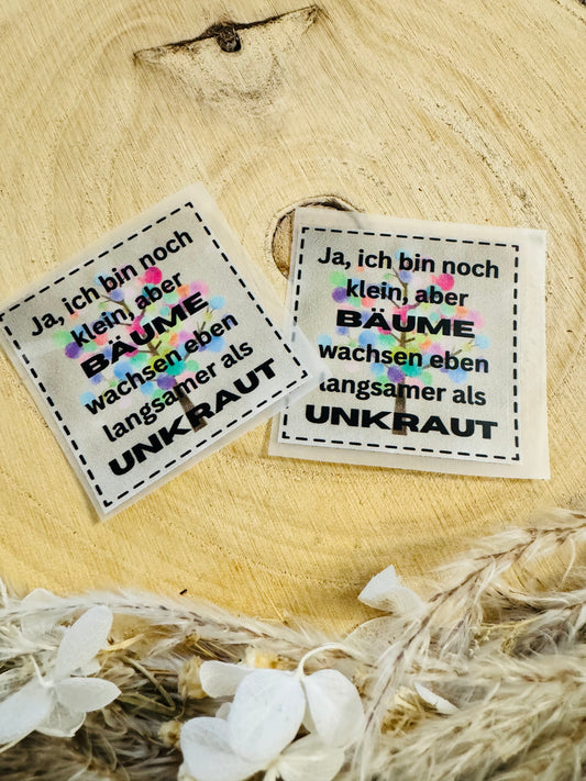 Bügellabel mir dem Spruch Ja, ich bin noch klein, aber Bäume wachsen eben langsameer als Unkraut mit einem bunten Bäumchen im Hintergrund