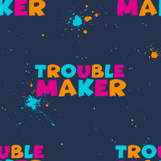 blauer Stoff mit Logo Trouble Maker