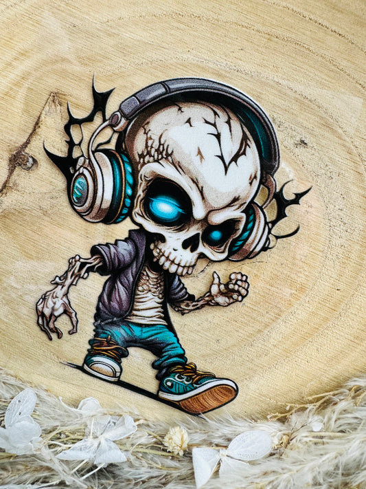 UV-Sticker mit einem coolen Skelett in Jeans und mit Kopfhörer 