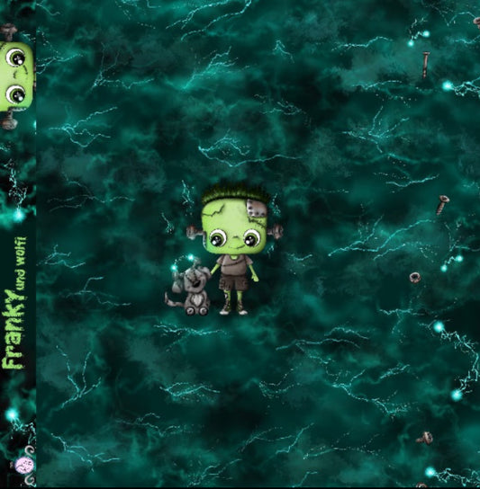 wunderschöner Stoff  mit einem kleinen Franky Roboter auf blau grünem strukturiertem Hintergrund