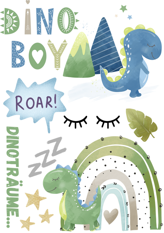 Bügelbild Bogen mit Baby dinos in gruen und blau