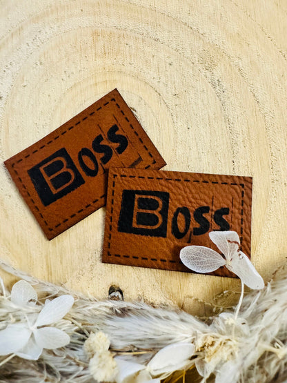superweiches braunes Kunstlederlabel mit dem Wort Boss