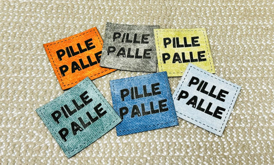 Label in Denim Optik in 6 Farben mit Spruch Pille Palle