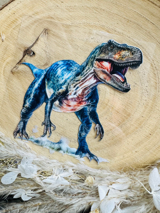 UV-Sticker mit einem schreitenden Dino in Farbe Blau
