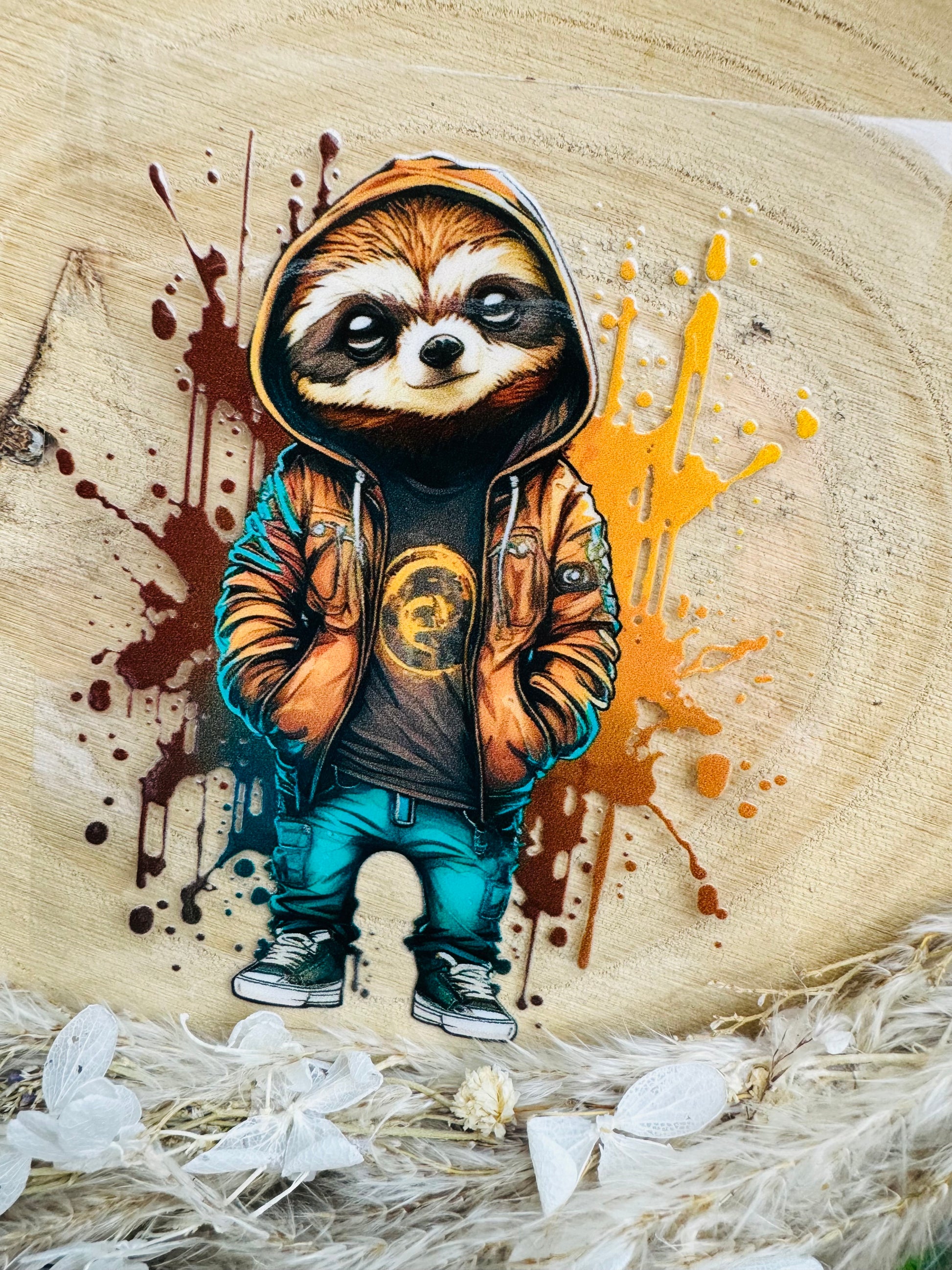 UV-Sticker mit einem coolen Faultier und einer lässigen braunen Kapuzenjacke