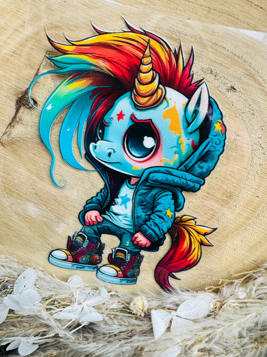 UV-Sticker mt einem kleinen coolen Einhorn in Farbe blau aquarell