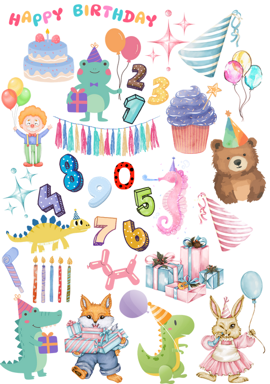 Bügelbild Bogen A5 mit vielen lustigen Motiven für einen Kindergeburtstag