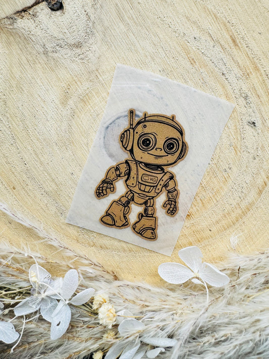 braunes Bügellabel Etikett it einem lachenden roboter