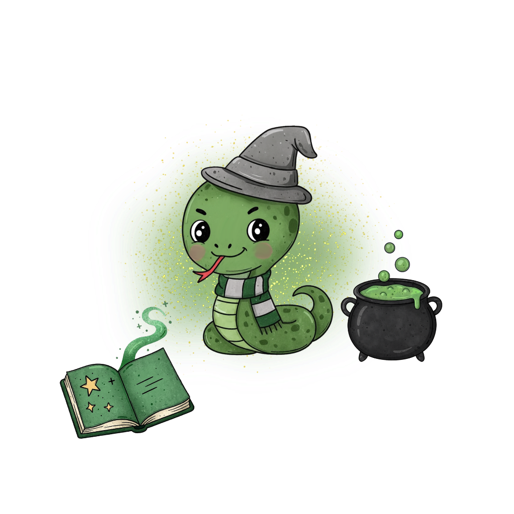 exclusives Bügelbild mit einer kleinen magischen grünen Schlange mit Zauberutensilien abgebildet
