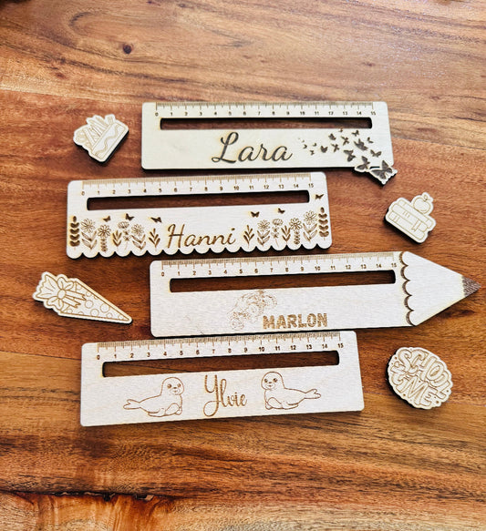 tolles Lineal aus Birkenholz mit lasergravierten Motiven zum Schulanfang - personalisierbar-