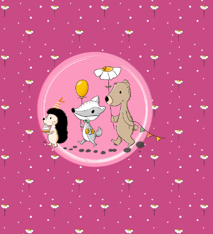 Stoff in Growi Design Igel fuchs und baer kommen zum Geburtstag mit rosa Hintergrund