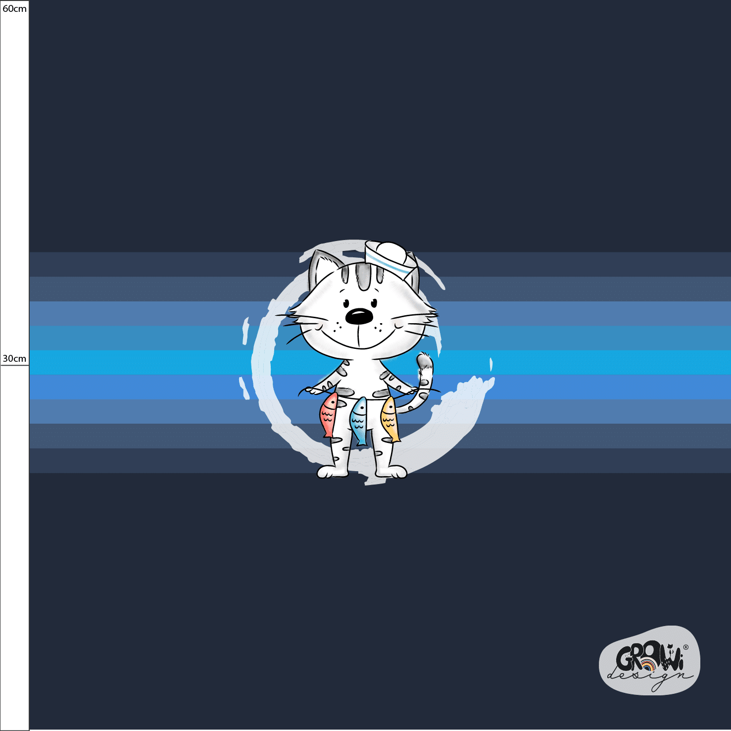 wunderschöner Stoff in Growi Design Motiv Fischkopp Katze auf dunkelblauem Hintergrund