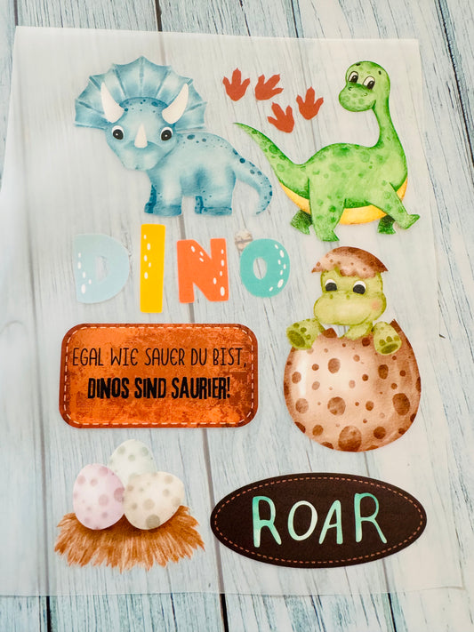 Bügelbild Bogen mit Baby Dinos und coolen Sprüchen