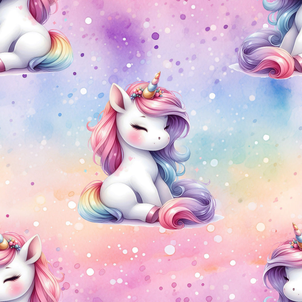 toller Stoff mit einem kleinen sitzenden Einhorn in zarten rosa farbtönen