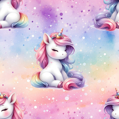 toller Stoff mit einem kleinen sitzenden Einhorn in zarten rosa farbtönen