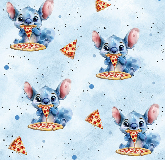wunderschöner Stoff mit einem kleinen blauen Pizza essenden Monsterchen auf hellblauem Hintergrund