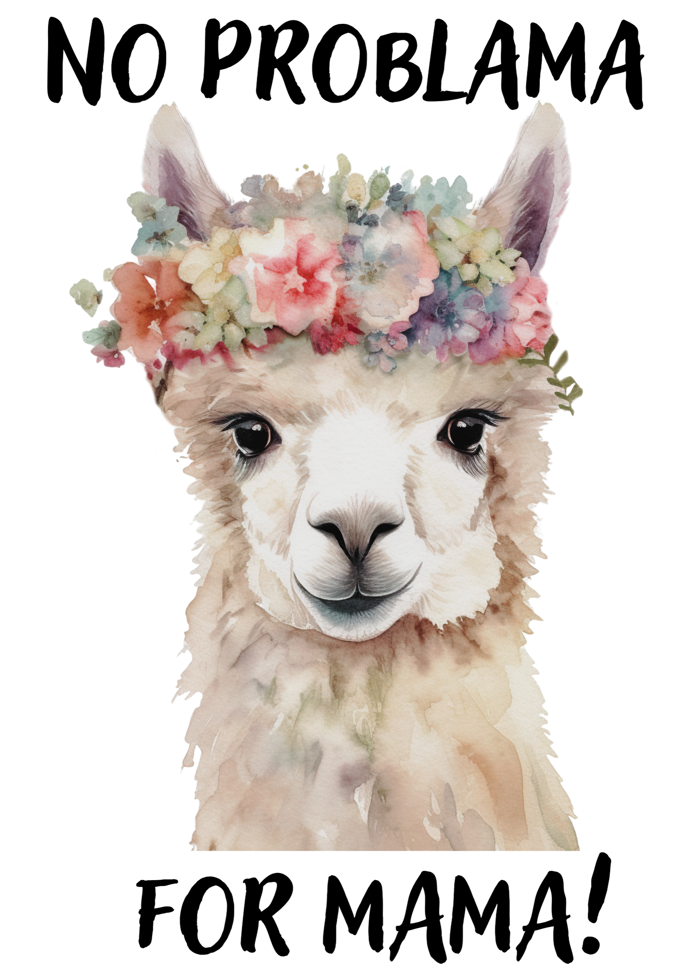 Bügelbild niedliches Lama mit Blumenschmuck am Kopf und Spruch No Problama for Mama