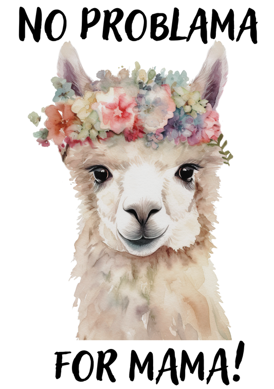 Bügelbild niedliches Lama mit Blumenschmuck am Kopf und Spruch No Problama for Mama