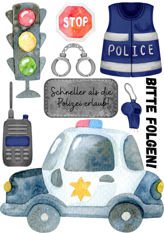 Bügelbild Bogen polizeiauto und coolen Sprüchen für Kinder