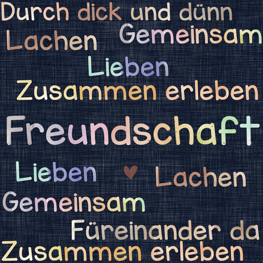 Jersey Stoff mit Sprüchen zum Beispiel durch Dick und Duenn auf dunklem leinenartigen hintergrund