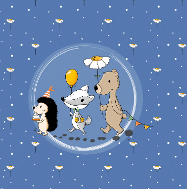 wunderschöner Stoff in Growi design mit dem Motiv geburtstagsfreunde in zarten blauen Farbtönen