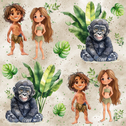 Jersey stoff mit Kindermotiven JungleKing und Junglequeen mit kleinen Gorillaäffchen auf hellbraunem Untergrund