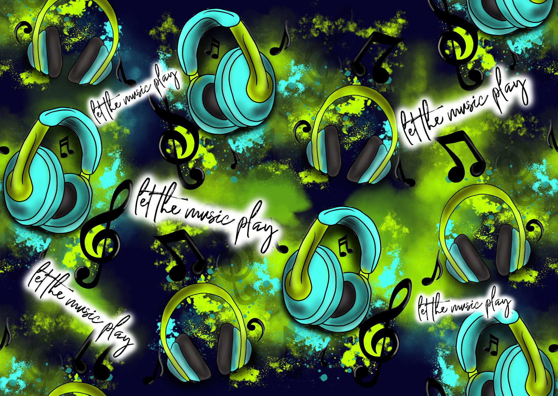 Stoff in Tanelo Design mit coolem Bild Kopfhörer blau grünen Farben  und Spruch Let the Music play