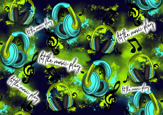 Stoff in Tanelo Design mit coolem Bild Kopfhörer blau grünen Farben  und Spruch Let the Music play