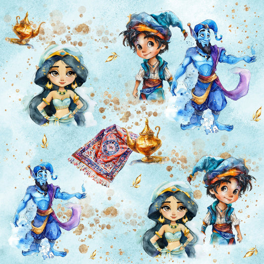 Stoff mit orientalischen Aladin Motiven auf blau aquarell Hintergrund