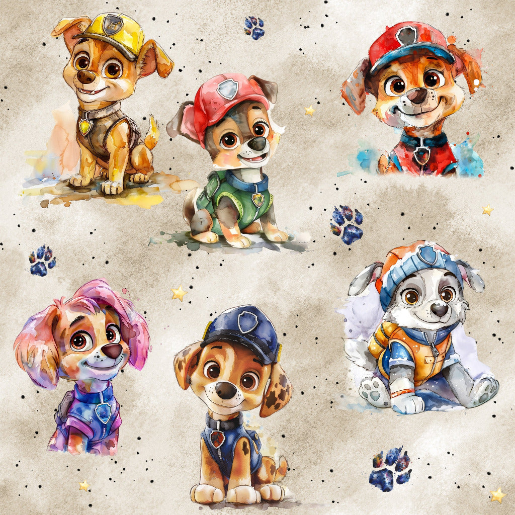 Jersey Stoff mit Lustigen kleinen Welpen auf braun aquarell Hintergrund