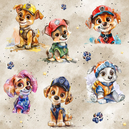 Jersey Stoff mit Lustigen kleinen Welpen auf braun aquarell Hintergrund