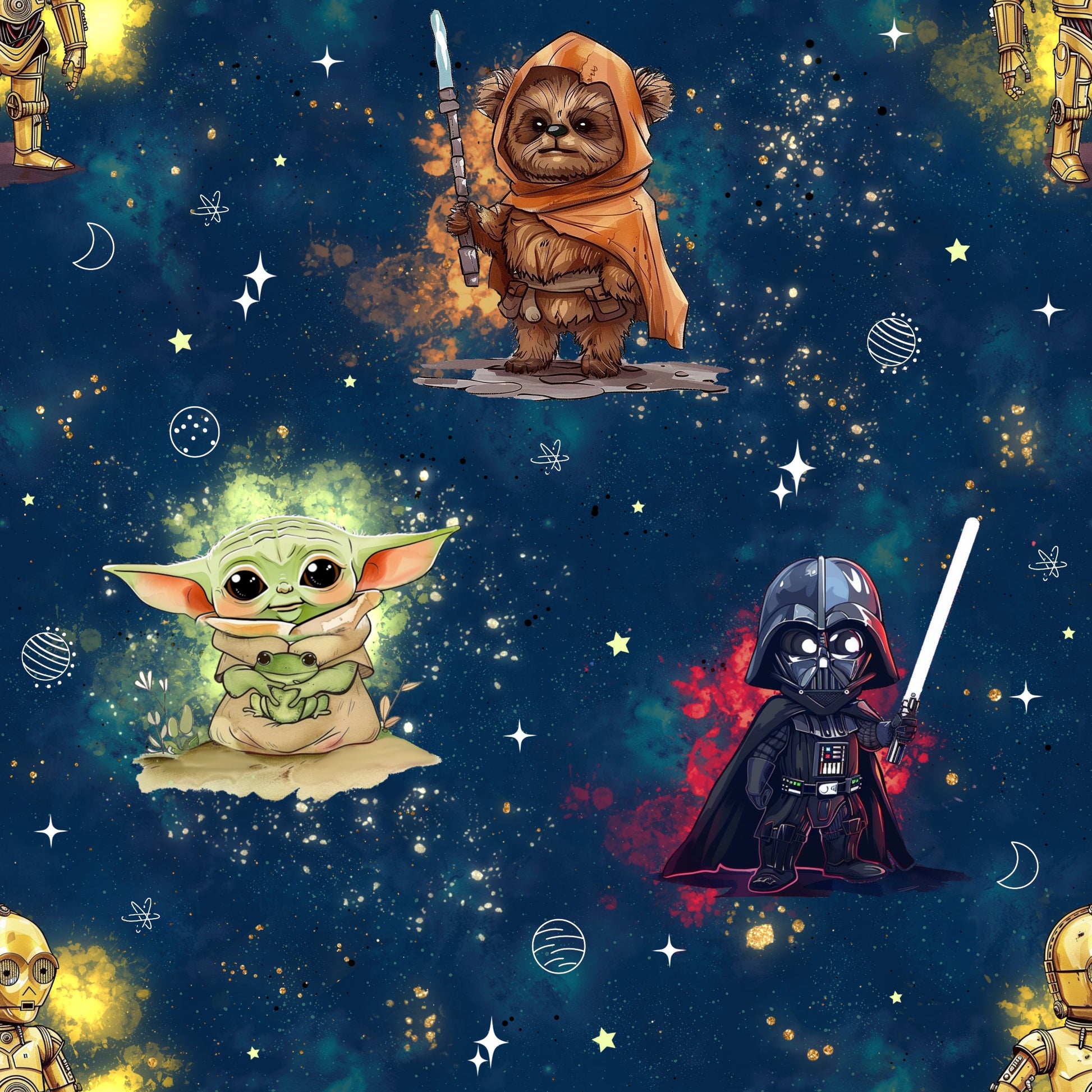 bio sweat stoff mit kleinen star wars kriegern auf dunkelblauem weltall hintergrund