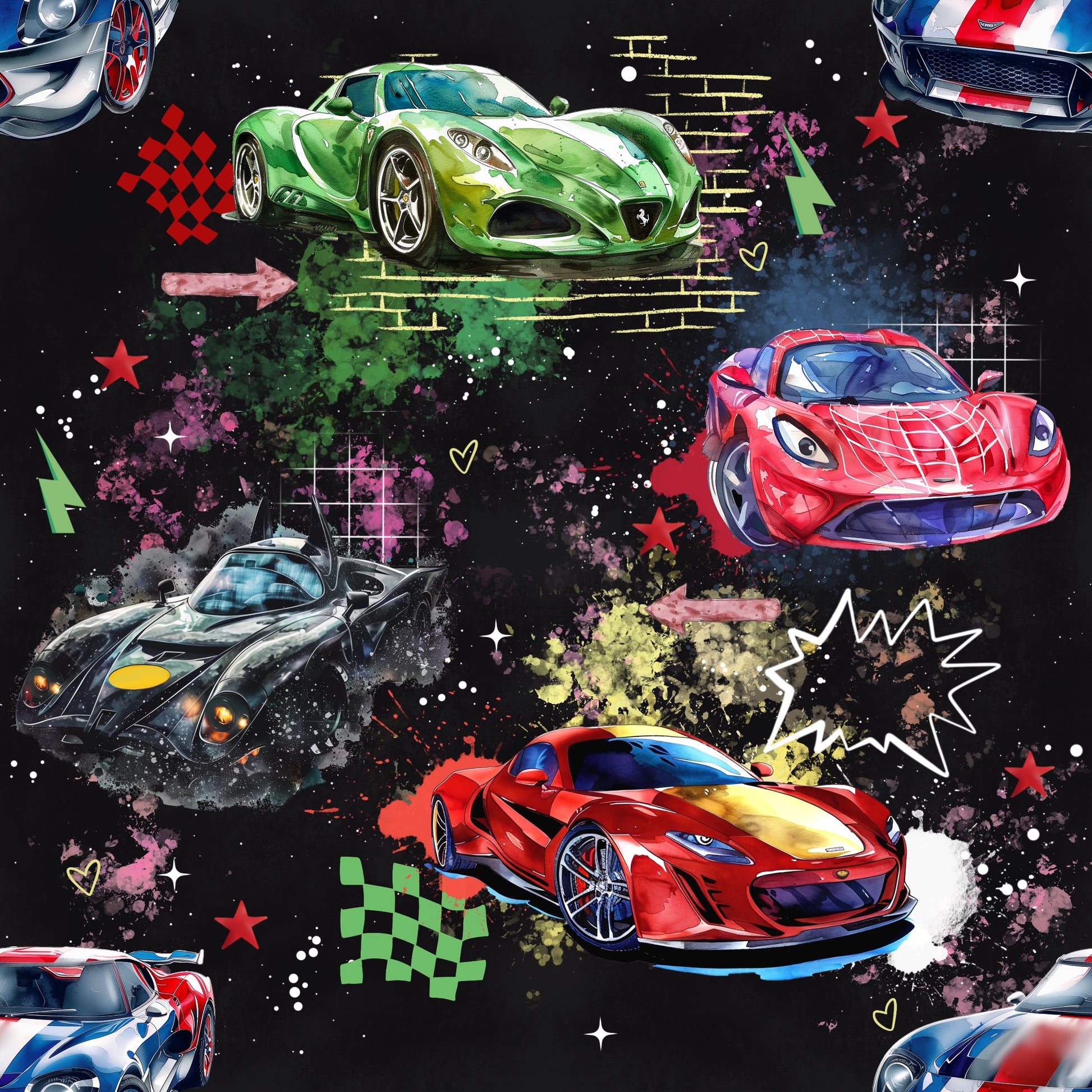 bio sweat stoff mit tollen farbigen Street Racer autos auf dunklem hintergrund