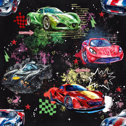 bio sweat stoff mit tollen farbigen Street Racer autos auf dunklem hintergrund