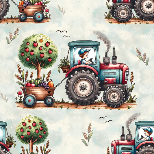 wunderschöner Stoff mit Motiv Traktor mit Kind und herbstlichen Früchten