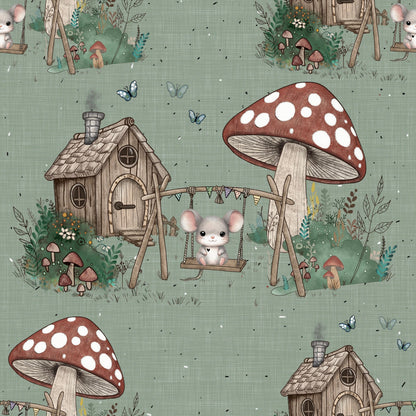 wunderschöner Stoff mit Motiv Maus im Zauberwald auf hellgrünem Hintergrund