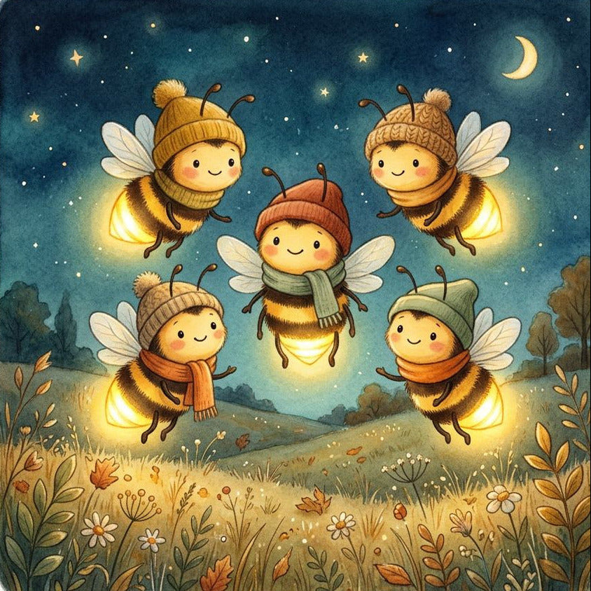 kleine Bienenkinder als Glüwürmchen schwebend im Dunkeln