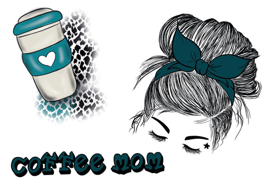 schöner Bügelbild Bogen in A5 Ausführung mit einem gezeichneten Frauenkopf und einem Coffee Becher