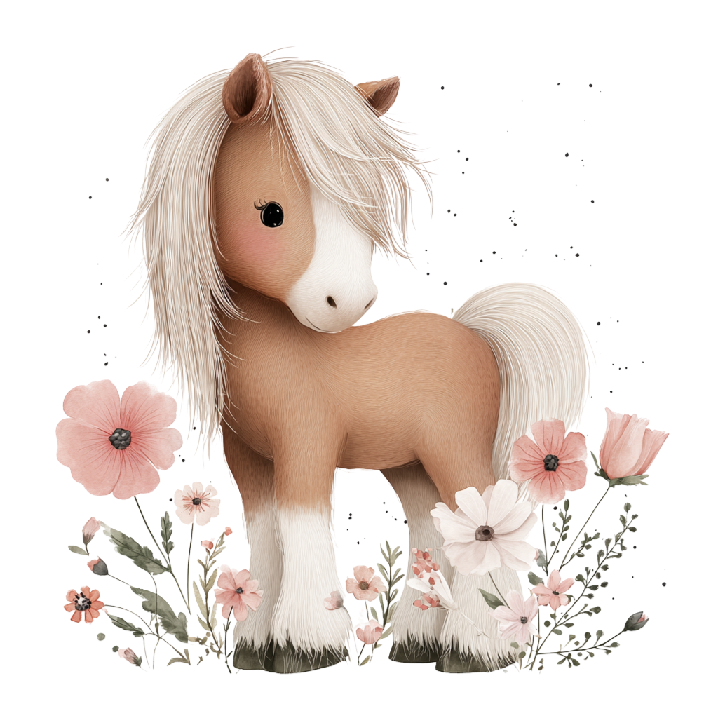 tolles Bügelbild mit einem kleinen Pony Pferdchen auf einer Frühlingswiese stehend