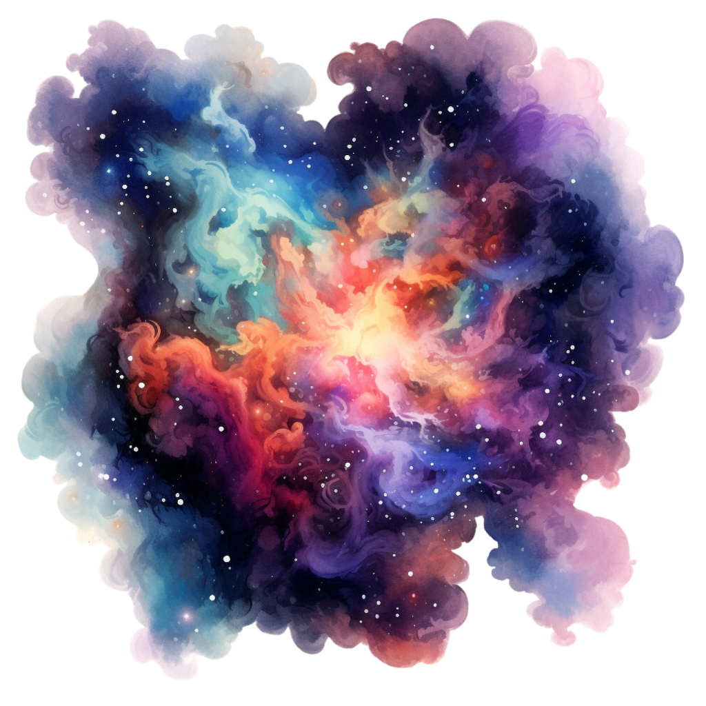 tolles Bügelbild mit einer futuristisch dargestellten Weltraumszene in Aquarell Farbtönen gehalten