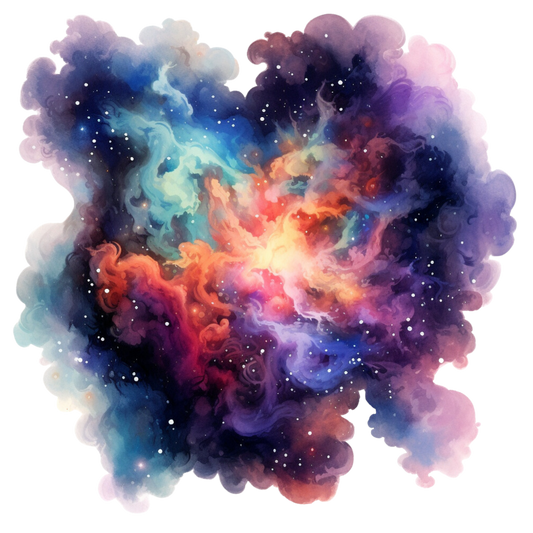 tolles Bügelbild mit einer futuristisch dargestellten Weltraumszene in Aquarell Farbtönen gehalten