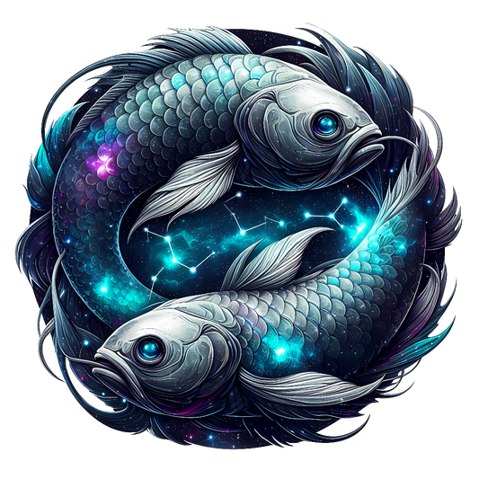 tolles Bügelbild mit dem Sternzeichen Fische in spacigen Aquarellfarben dargestellt