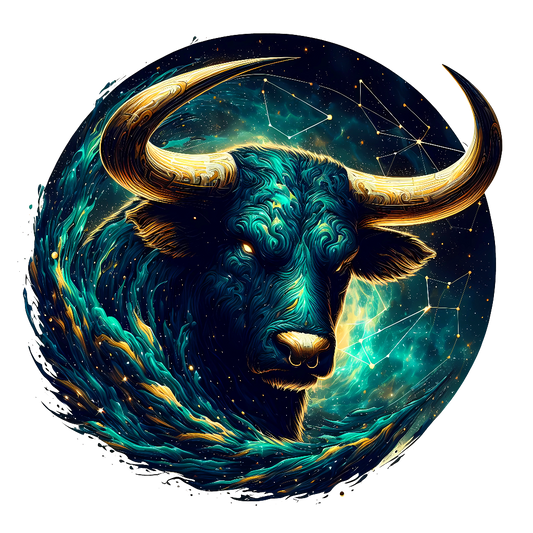 tolles Bügelbild mit dem Sternzeichen Stier in spacigen Aquarellfarben dargestellt