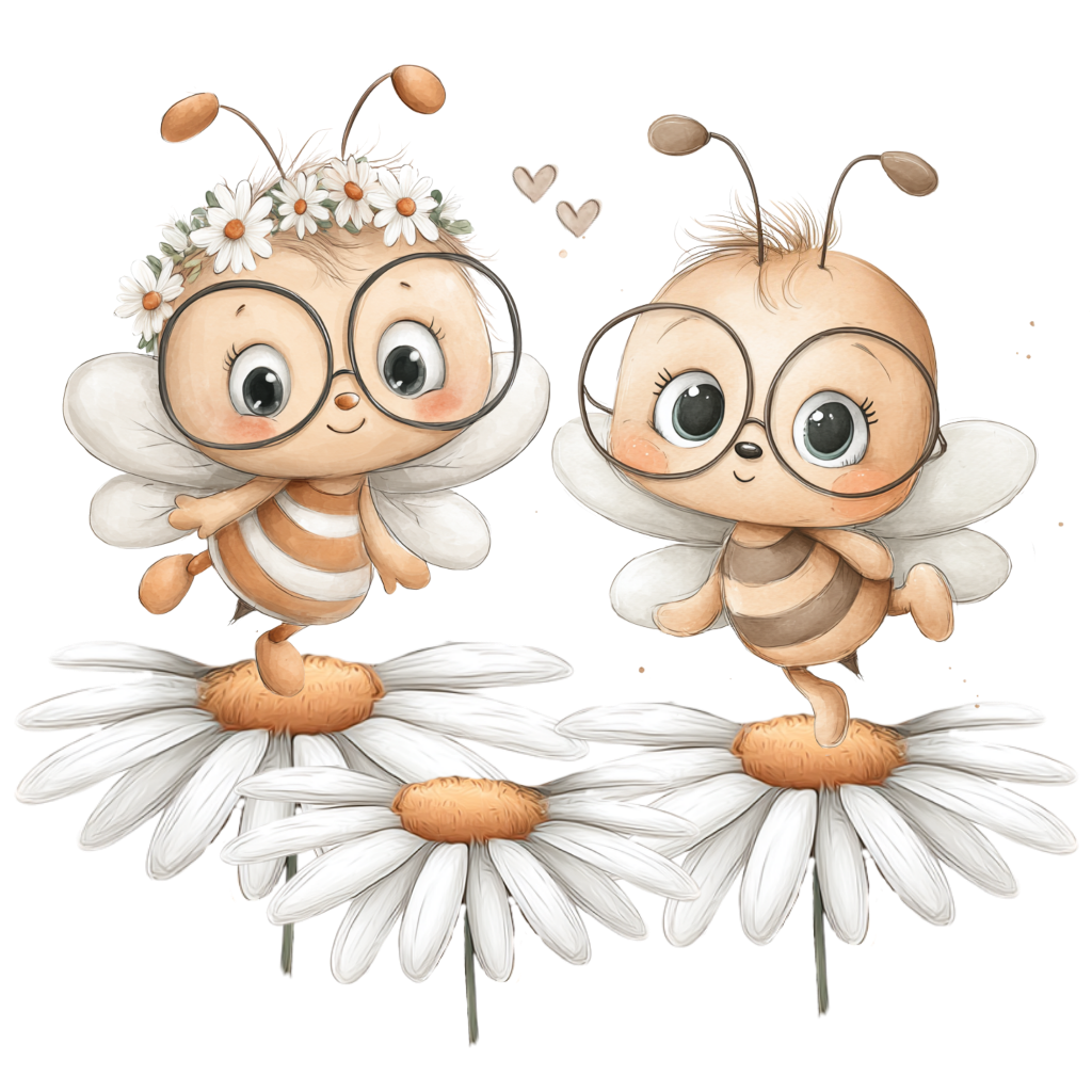 tolles Bügelbild mit zwei kleinen süßen Bienchen auf kleinen Gänseblümchen tanzend