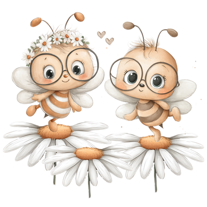 tolles Bügelbild mit zwei kleinen süßen Bienchen auf kleinen Gänseblümchen tanzend