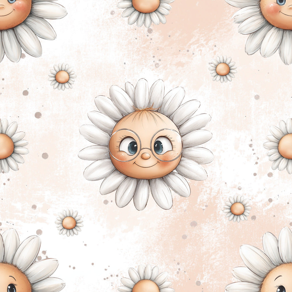 toller Stoff mit kleinen strahlenden Gänseblümchen Gesichtern auf beigem Untergrund