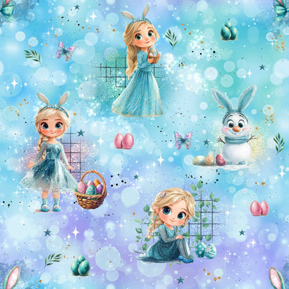 schöner Bio Sweat Stoff mit kleinen Oster Prinzessinnen auf türkisem Hintergrund