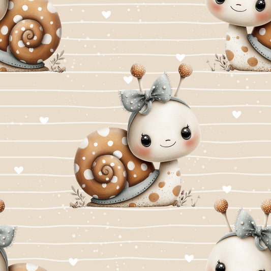 toller Stoff mit kleinen lustigen Schnecken auf beigem Untergrund