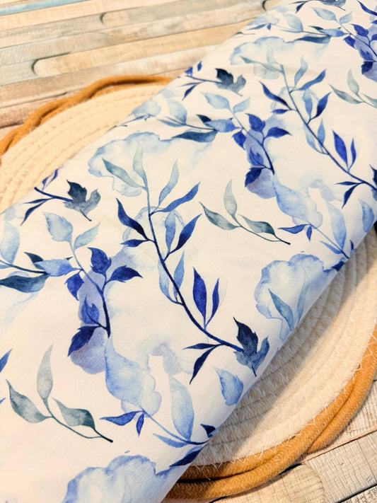 toller Stoff Jersey Swafing Blätter blau/weiss