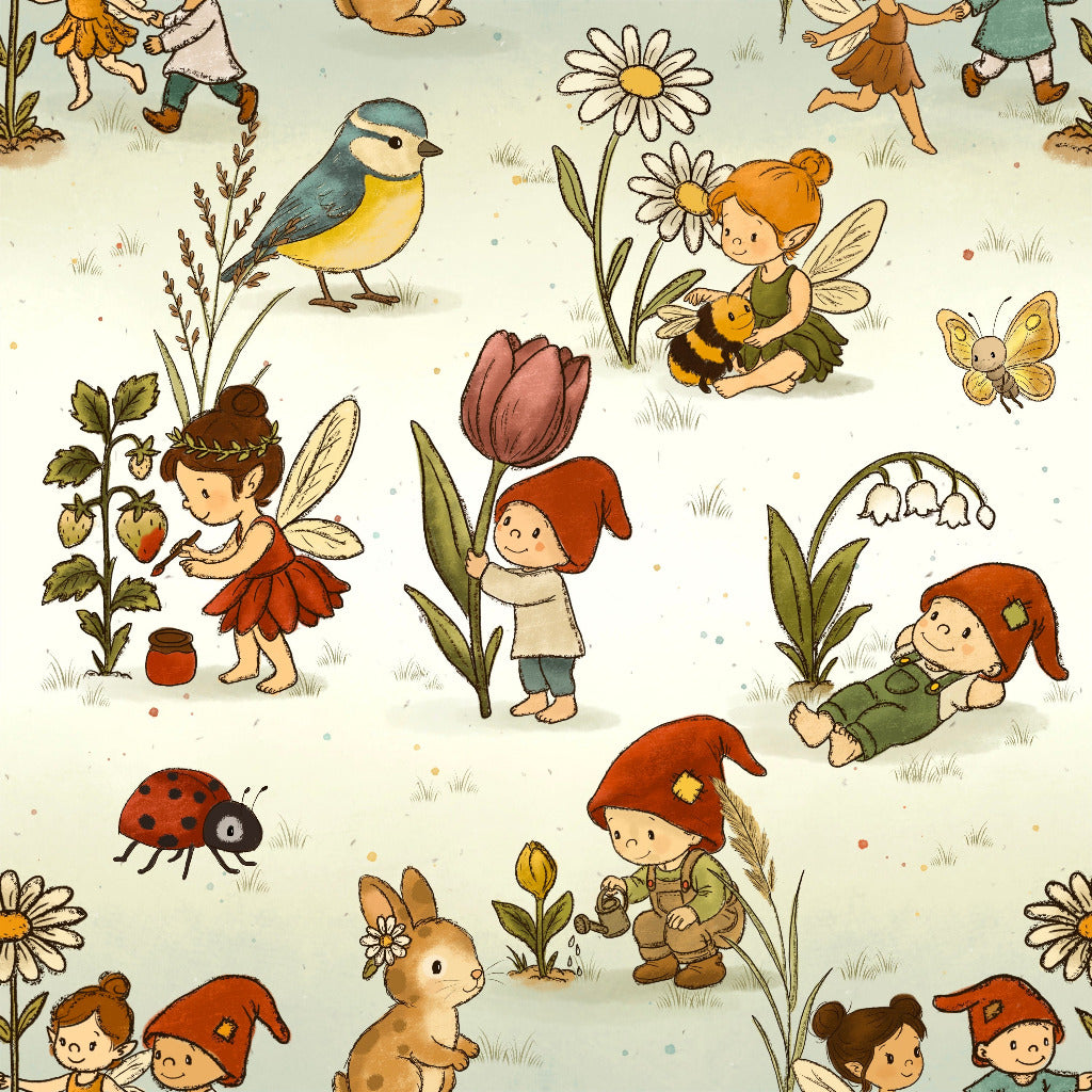 toller Stoff mit kleinen Wichteln auf einer Frühlingswiese spielend